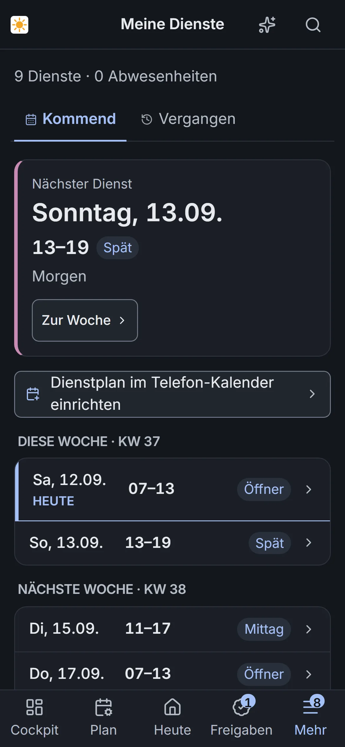 Ansicht »Meine Dienste« am Telefon: geleistete Stunden dieser Woche und dieses Monats, Stunden-Saldo und der Stand des Urlaubskontos.